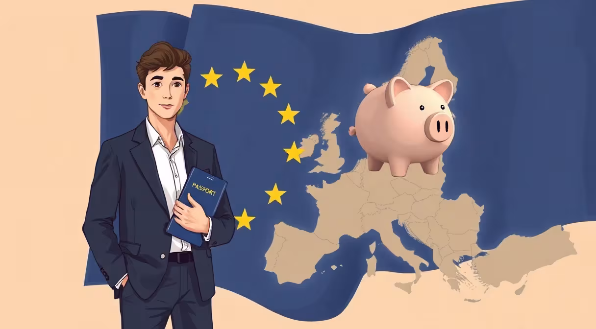 Mladý pracovník s pasom a prasiatkom s hviezdami EÚ nad mapou Európy.