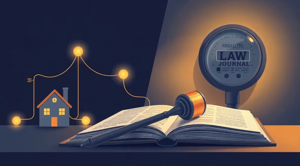 Gavel, zákonník a elektromer symbolizujúce reguláciu cien energií pre domácnosti a malé podniky.