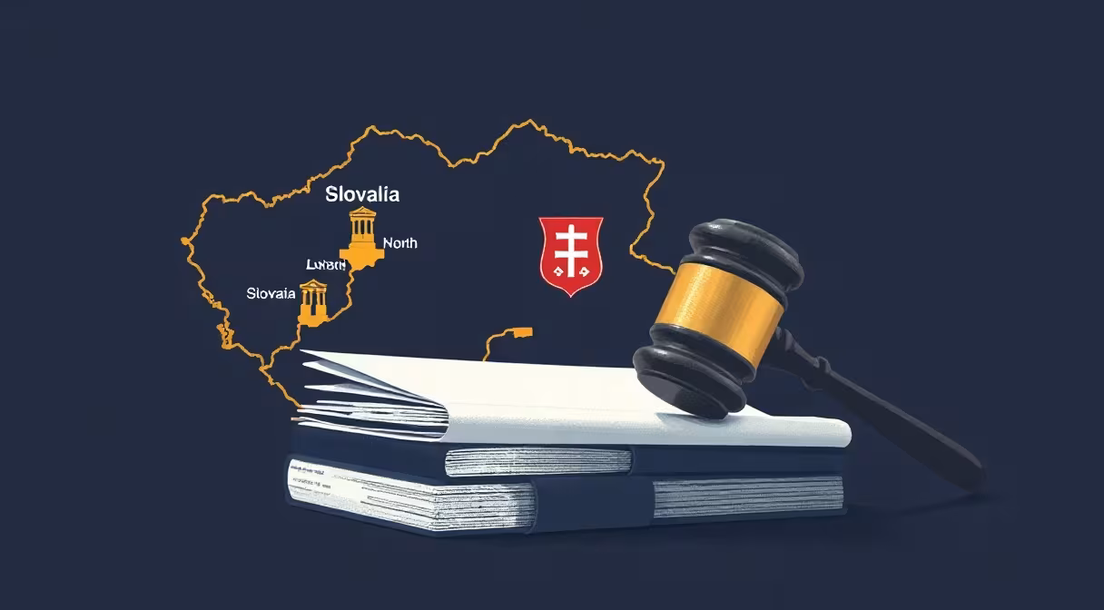 Súdne kladivo na dokumentoch označujúcich nové správne súdy na mape Slovenska.