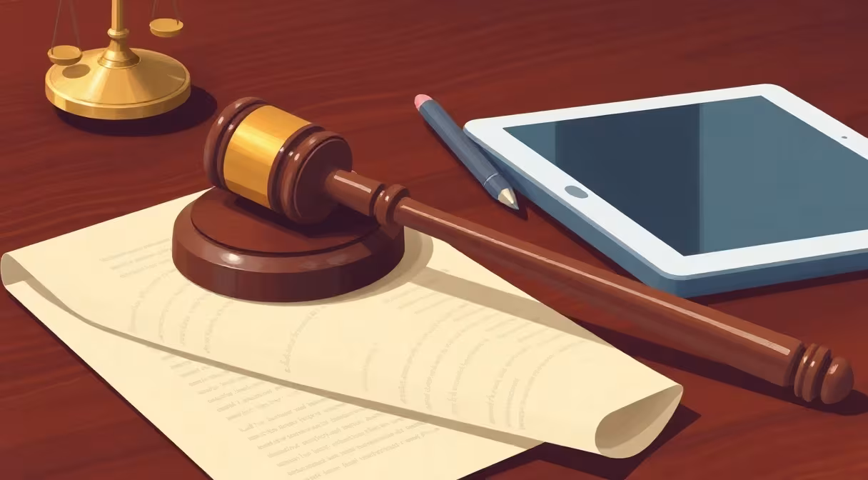 Gavel, pergamen a tablet na stole reprezentujúce zákon o publikáciách.