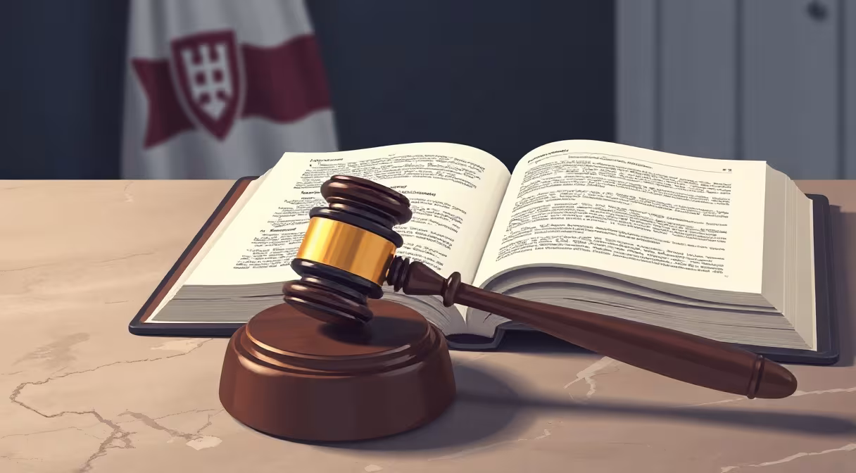 Drevené kladivo a otvorená kniha zákona na mramorovom stole, v pozadí slovenský štátny znak reprezentujúci novelu zákona o verejnom ochrancovi práv