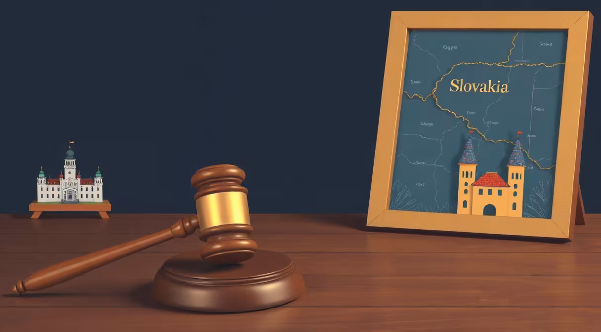 Gavel na mape Slovenska vedľa miniatúrneho hradu a kultúrneho festivalu v pozadí.
