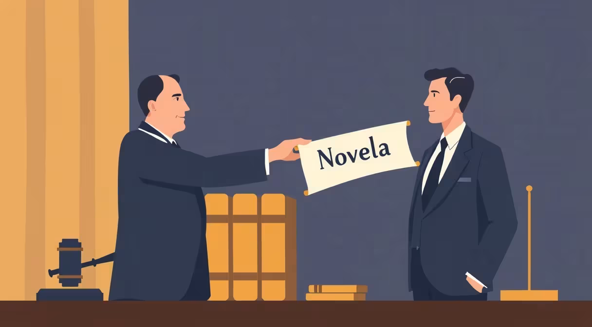 Úradník odovzdáva zvitok s novelou zákona právnikovi v kancelárii so zákonníkmi.