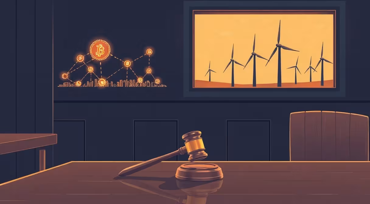 Súdna miestnosť s kladivkom a v pozadí blockchainová sieť a veterné turbíny.