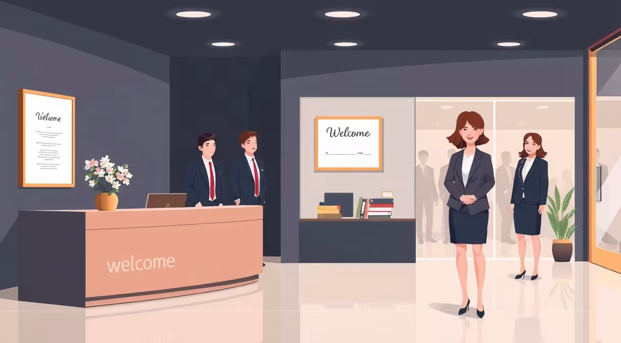 Advokátska kancelária víta novú office managerku v modernom recepčnom priestore s kvetmi.