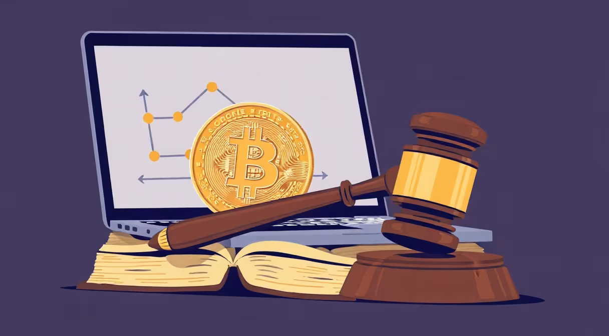 Bitcoin coin na právnickej knihe vedľa sudcovského kladivka a otvoreného notebooku s blockchainovou schémou.