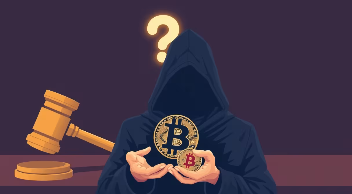Hooded figure with Bitcoin coin before a judge's gavel and question mark symbolizes Bitcoin creation mystery.