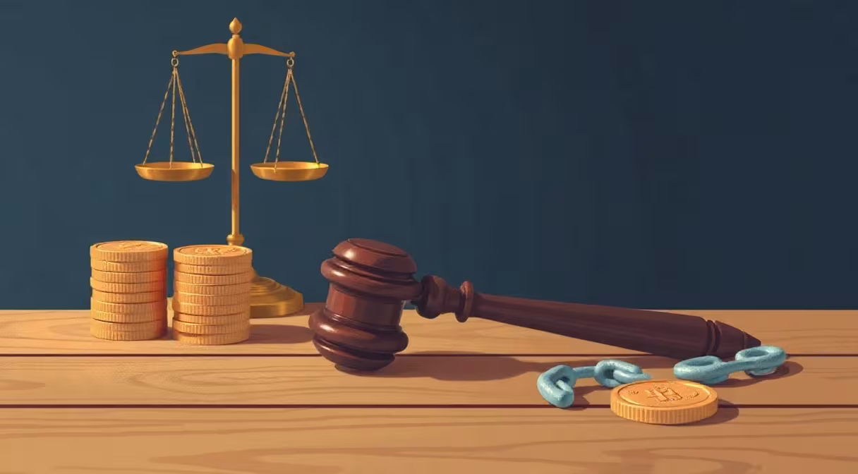 Súdne kladivo, mince a prasknutá reťaz symbolizujú náhradu škody v občianskom práve.