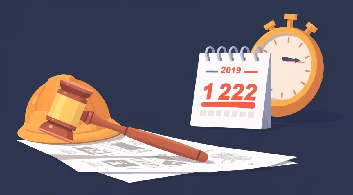 Sudca s kladivom na stavebných plánoch a prilbe, kalendár s preškrtnutým termínom 2024 a posunutým na 2025, v pozadí stopky symbolizujúce zrýchlenie povoľovania