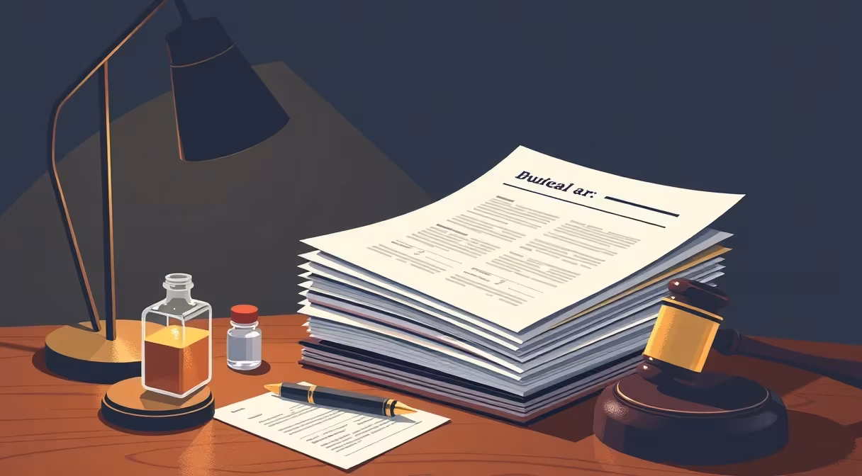 Dokumenty, pero, fľaša minerálneho oleja a gombík na stole, ilustrácia novely zákona o spotrebnej dani.