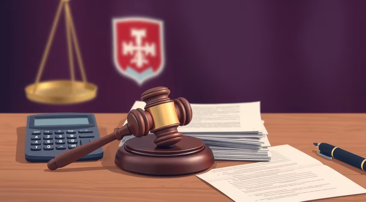 Prezidentské kladivo na dokumentoch o štátnom rozpočte s kalkulačkou a perom.