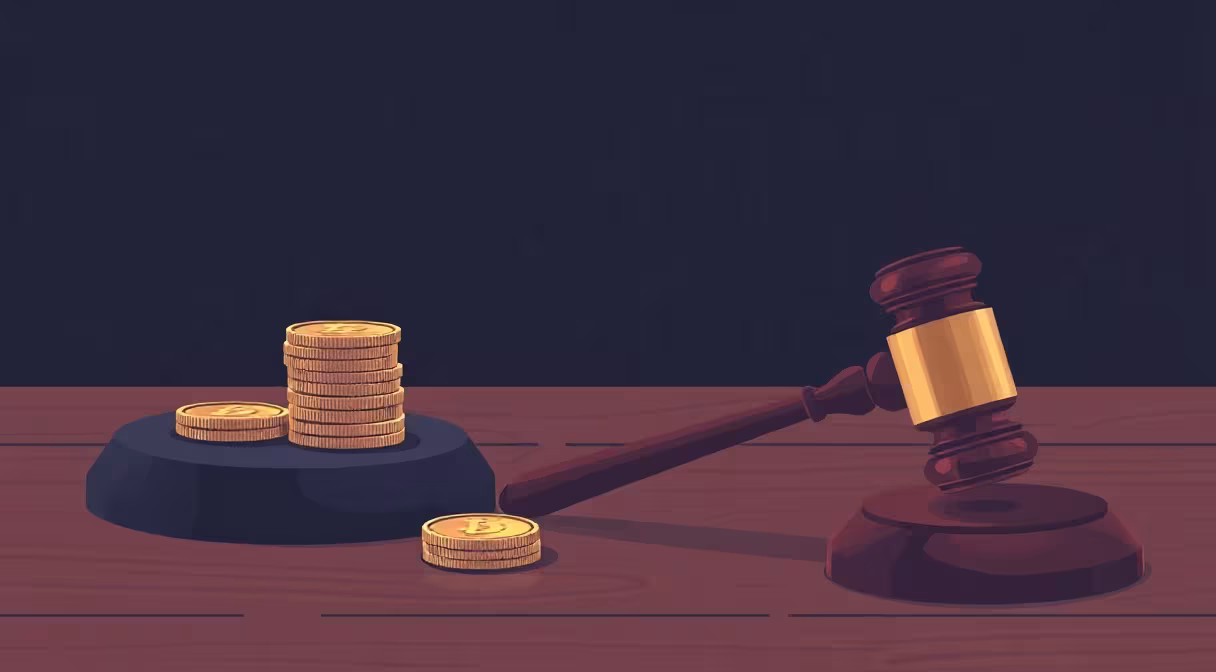Sudcovské kladivo, mince a blockchainová sieť na stole ilustrujú novelu zákona o cenných papieroch.