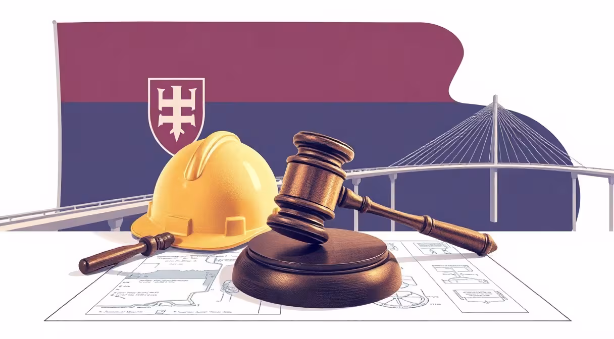 Kladivko a stavebná prilba na modrotlači diaľnice s mostom a slovenskou vlajkou v pozadí, čo symbolizuje strategické investície