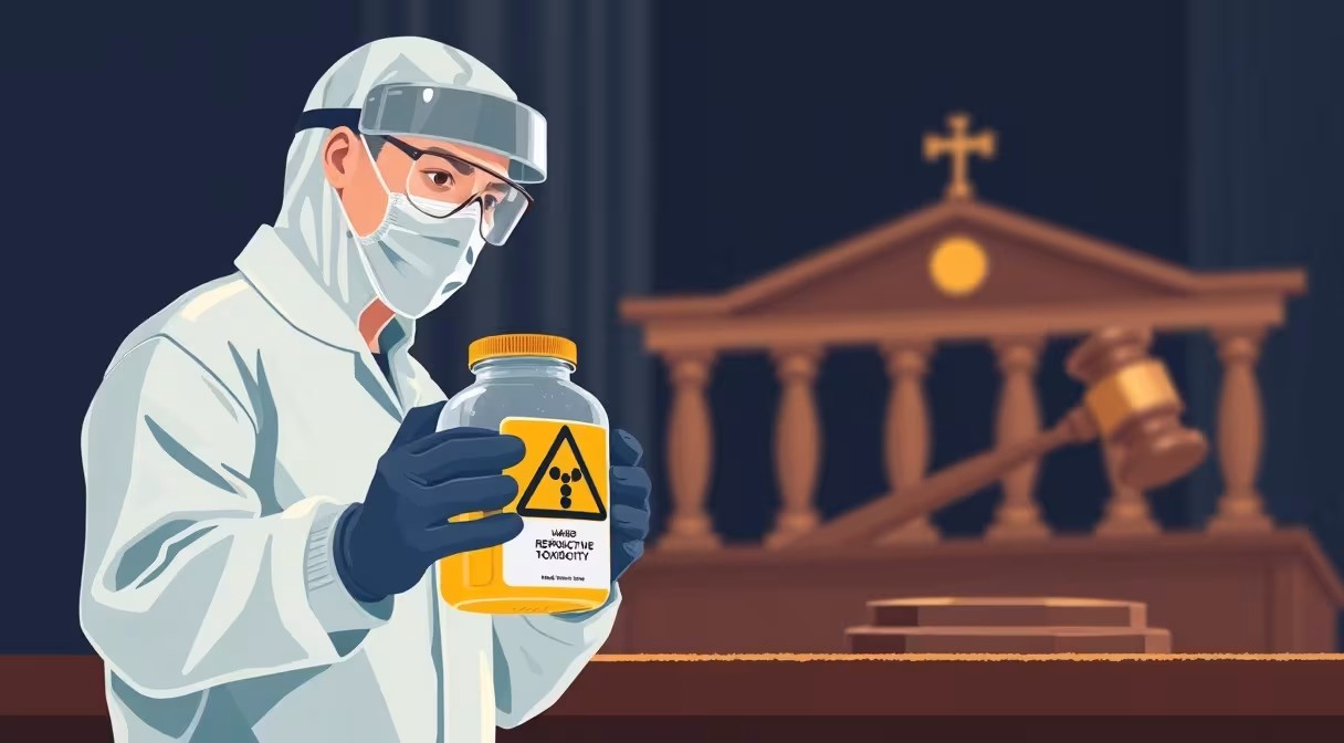 Pracovník v laboratóriu s ochrannými pomôckami manipuluje s nádobou označenou symbolom reprodukčnej toxicity, v pozadí súdna sieň s kladivkom.