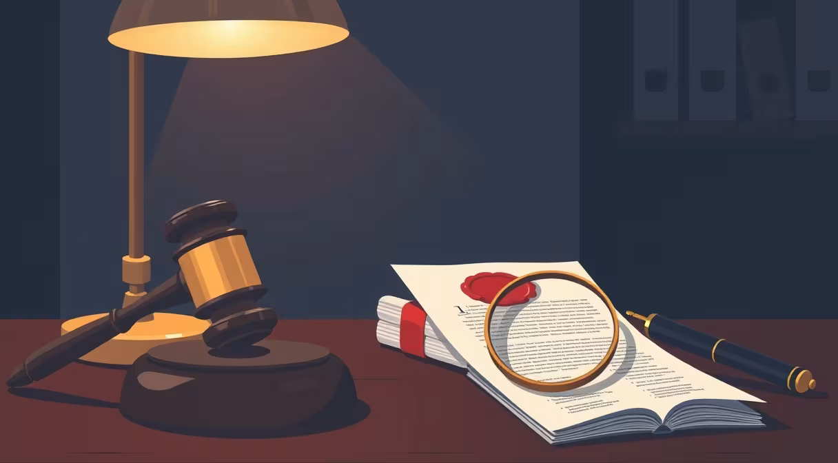Právnický stôl s kladivkom, kôpkou právnych dokumentov s červenou pečaťou a lupou na stránke so symbolmi paragrafov, osvetlené lampou.