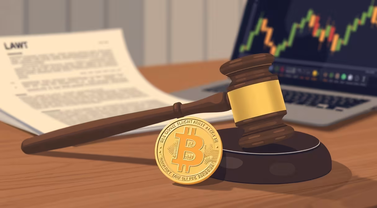 Gavel a Bitcoin minca na stole s rozmazaným dokumentom a laptopom zobrazujúcim graf kryptomien.