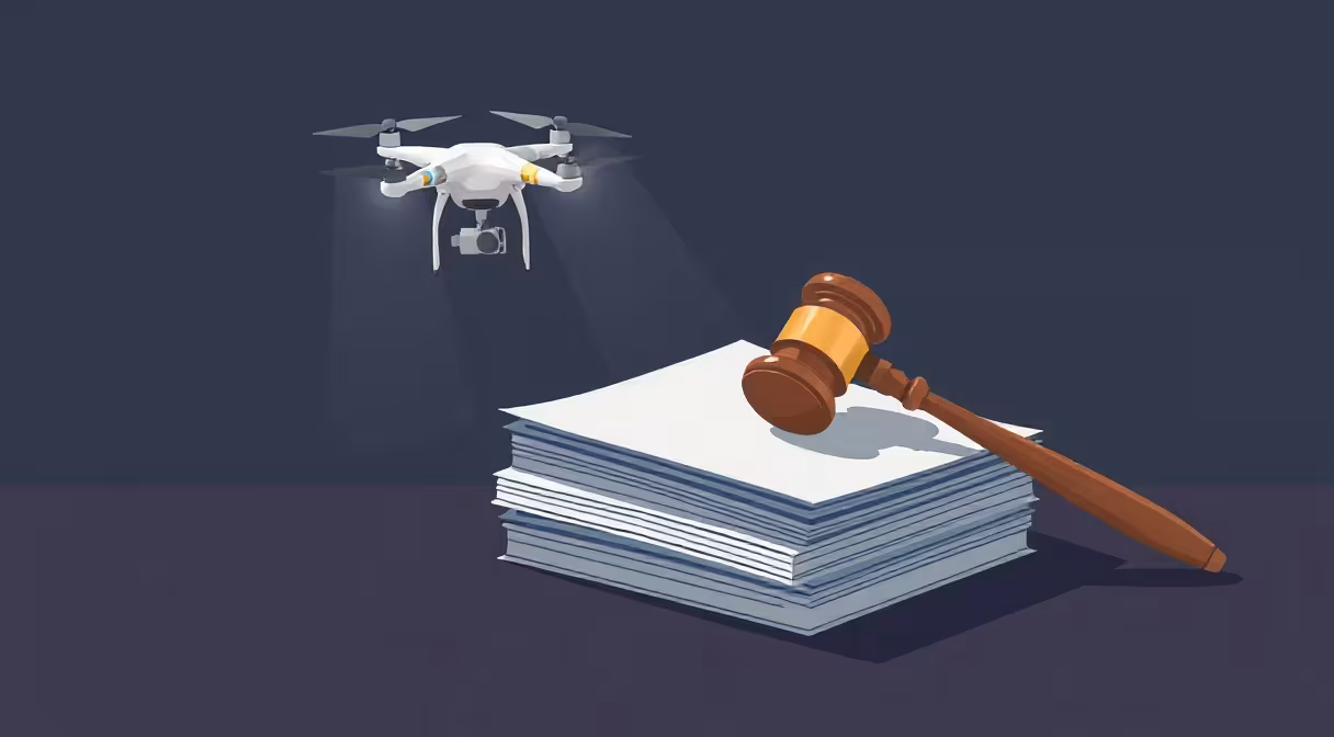 Dron letí nad právnymi dokumentmi a gavelom na stole, symbolizujúc novú legislatívu.