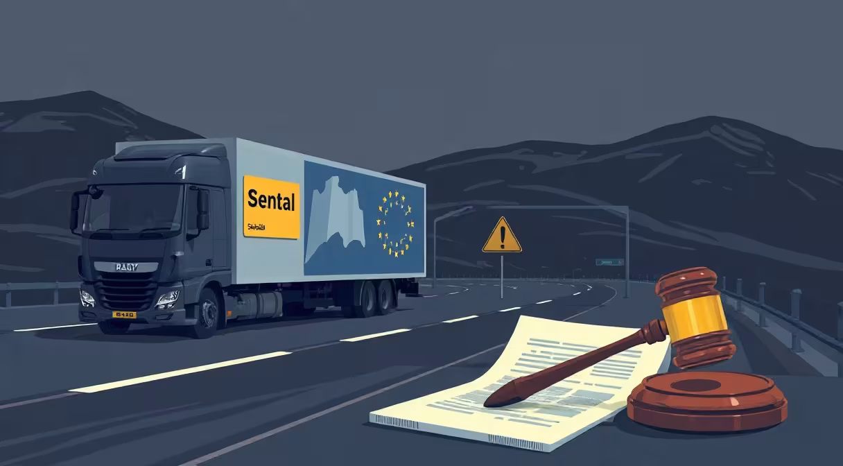 Nákladné auto s nálepkou prenájmu na diaľnici pri hraničnej značke EÚ, v popredí paragraf a kladivo.
