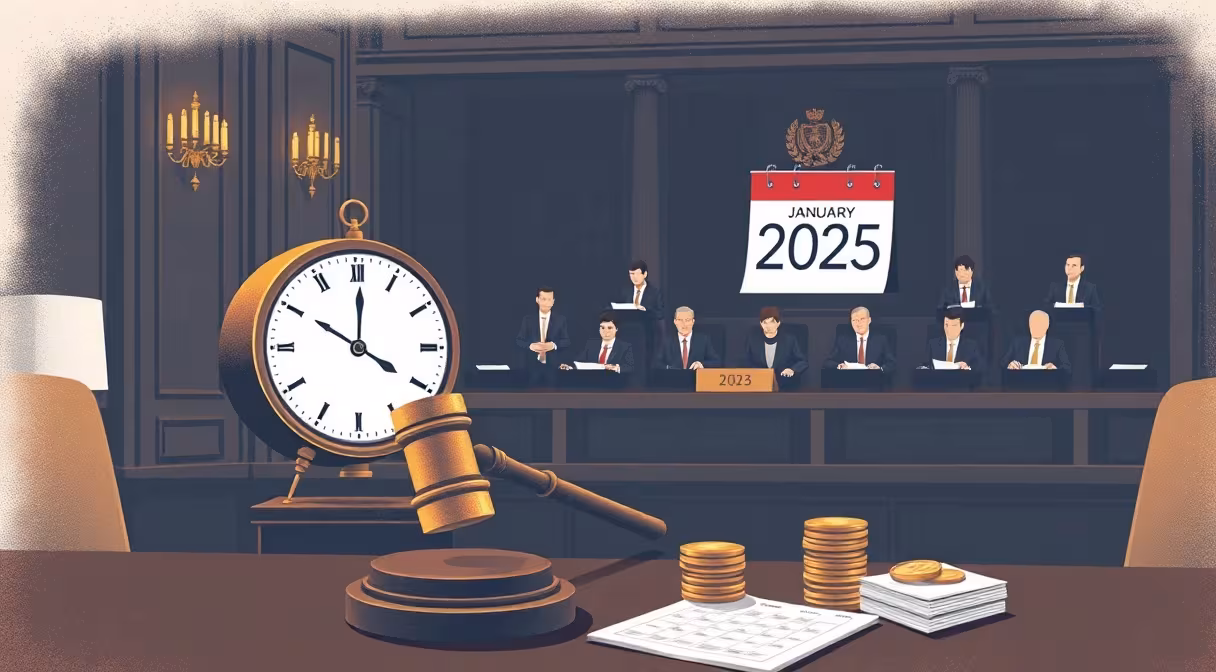 Parlamentssaal mit Uhr um Mitternacht und Kalenderblatt, zeigt 1. Januar 2025, daneben Geldscheine und Münzen, symbolisiert Finanztransaktionssteuer.