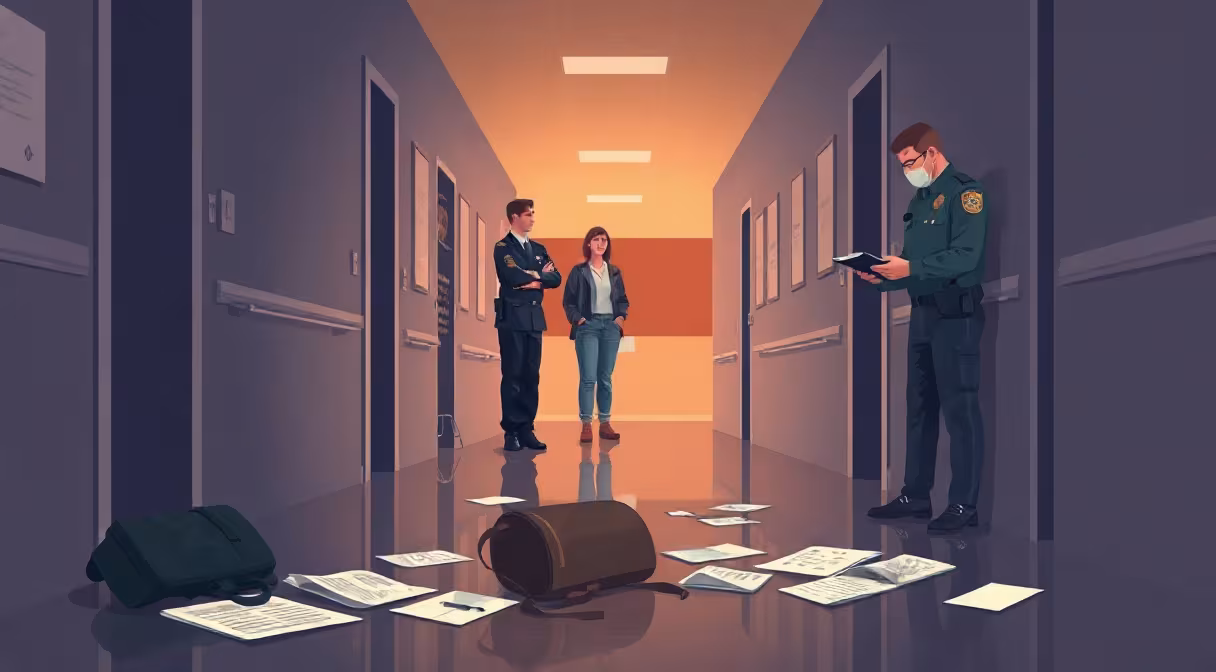 Policajt a učiteľ riešia incident s mladistvým v školskej chodbe, trestná činnosť mladistvých.