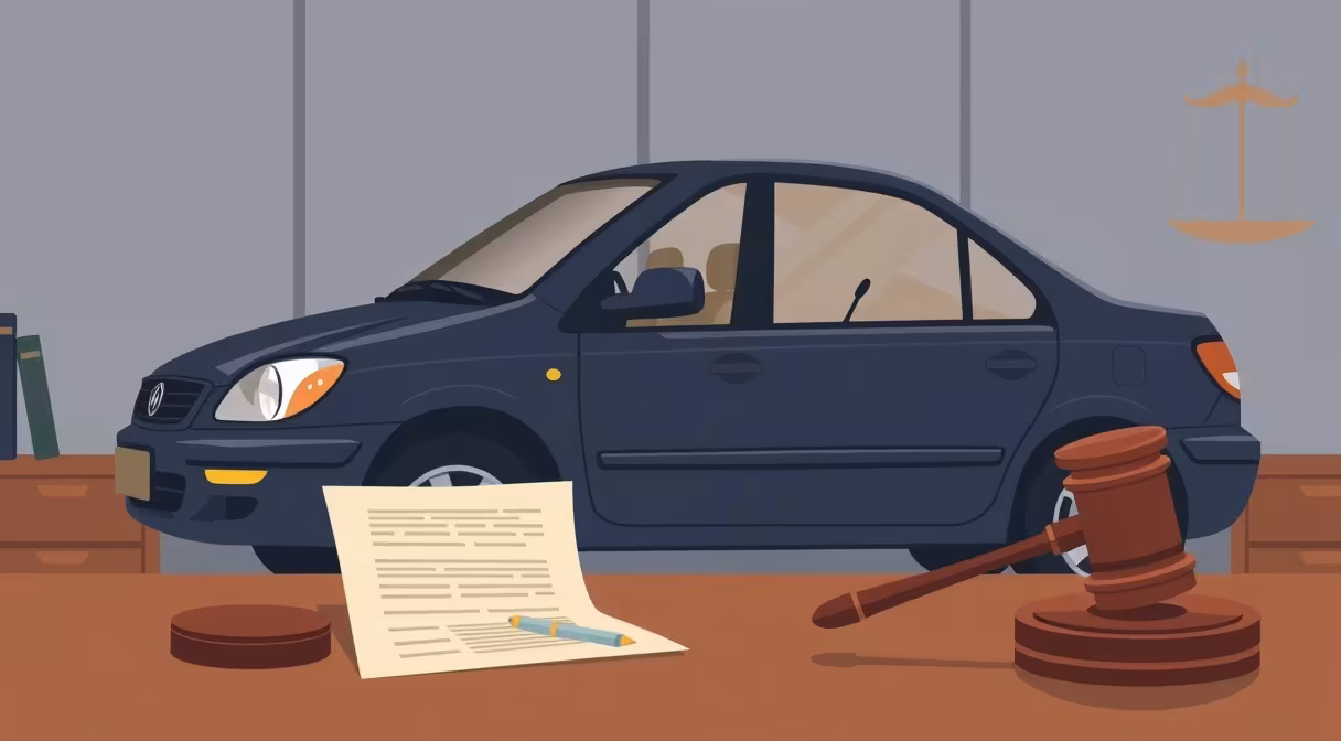 Vadné ojazdené auto v právnej kancelárii s paragrafmi a kladivom na stole.