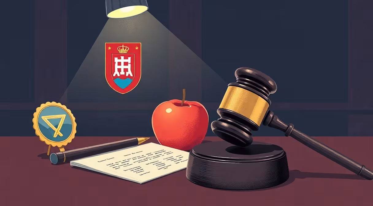 Súdne kladivo na dokumente so štátnym znakom, jablko učiteľa a odznak sociálneho pracovníka pod reflektorom.