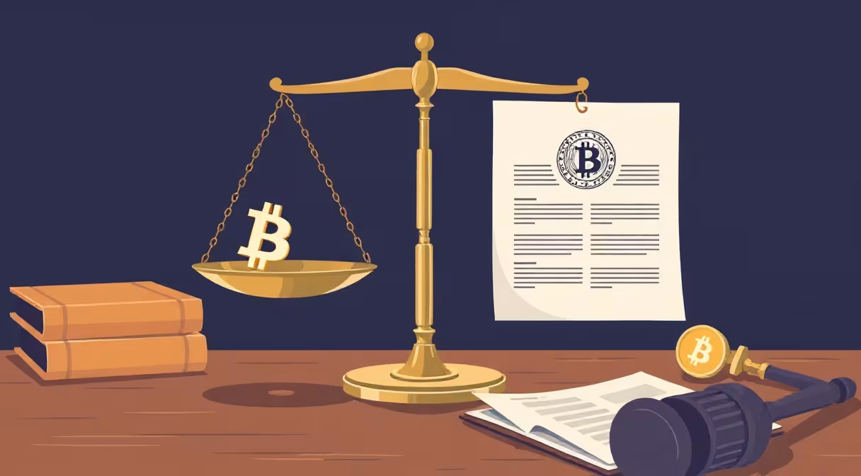 Váha s bitcoínom a dokumentom s emblémom EÚ, vedľa kladivko, symbol regulácie kryptoaktív