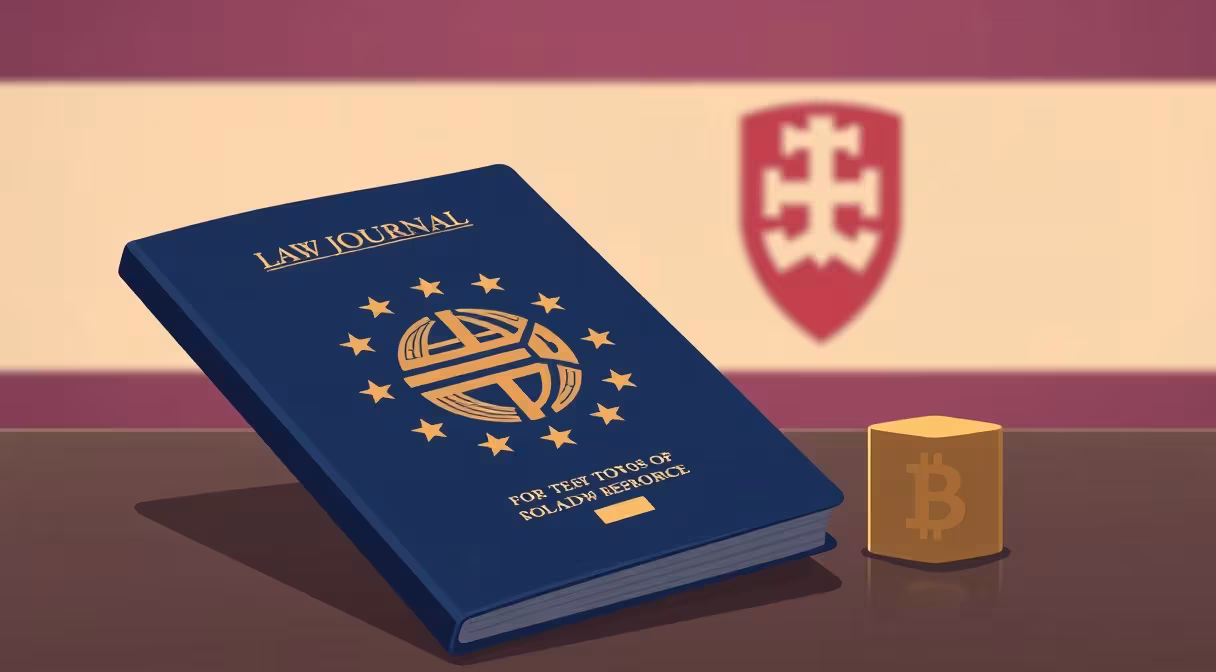 Passport with EU emblem placed beside a crypto token cube, symbolizing Slovak MiCA license validity across EU.