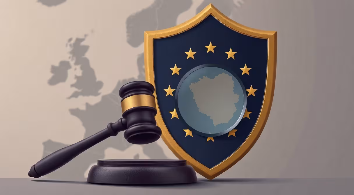 Gerichtshammer und EU-Schild zeigen Lizenzregulierung für Kryptoassets in der Slowakei