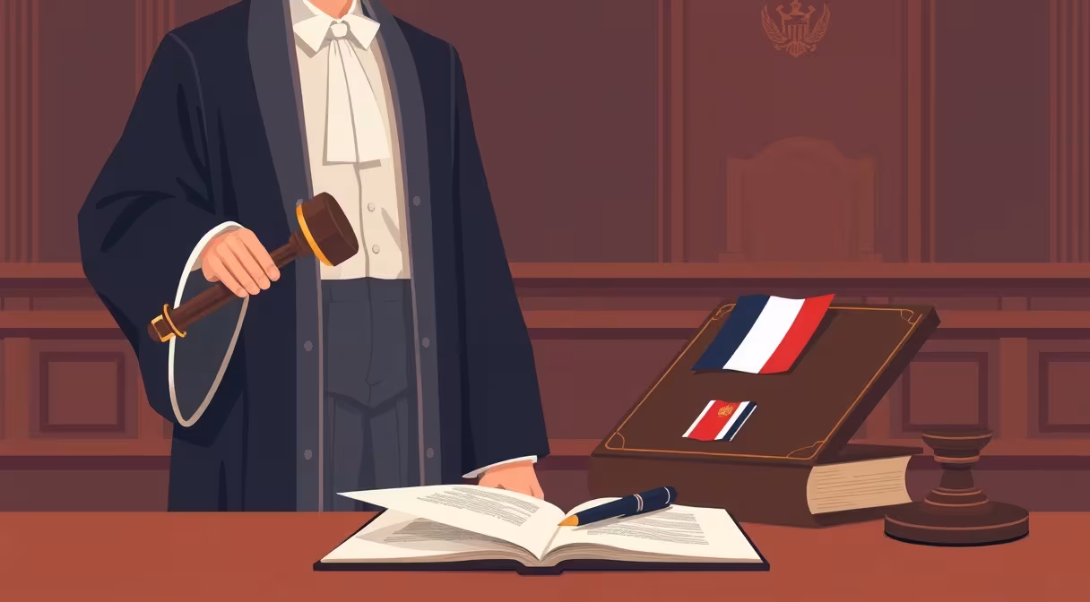Advokát v talári s kladivom stojí vedľa knihy s francúzskou vlajočkou a právnickým dokumentom v súdnej sieni.