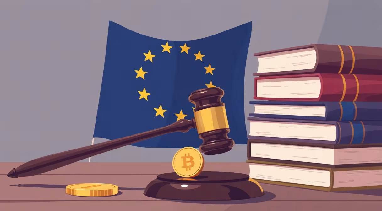 Súdne kladivko s eurom na rukoväti vedľa hromady zákonov a vlajky EÚ.