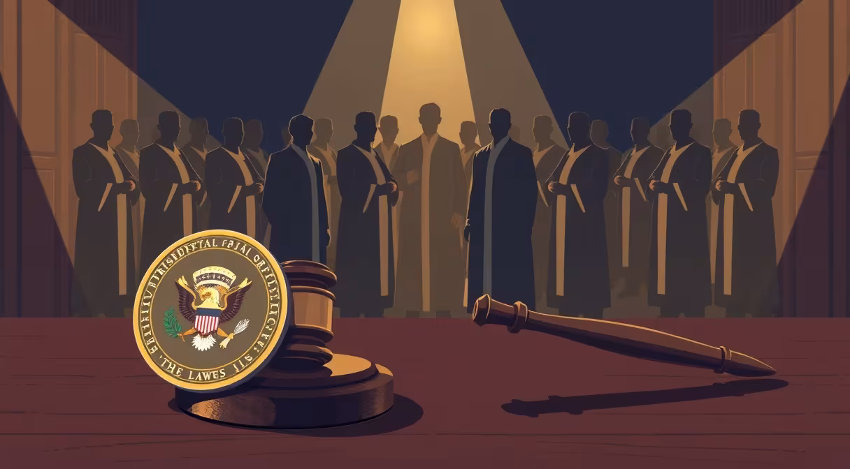 Sudcovské kladivo a pečať prezidenta na stole pred 18 sudcami v talároch.