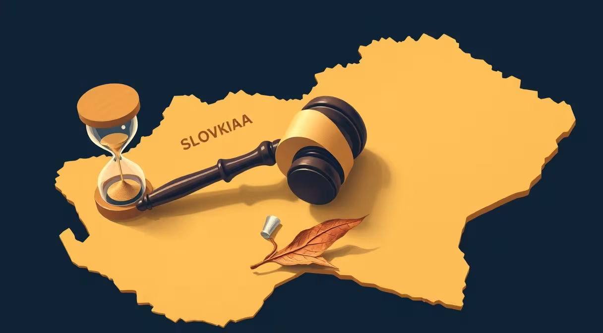 Súdne kladivo na mape Slovenska s rozbitými presýpacími hodinami a zvädnutým listom.