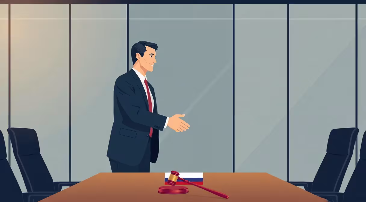 Podanie rúk právnika a podnikateľa v konferenčnej miestnosti s vlajkou Slovenska a kladivkom na stole