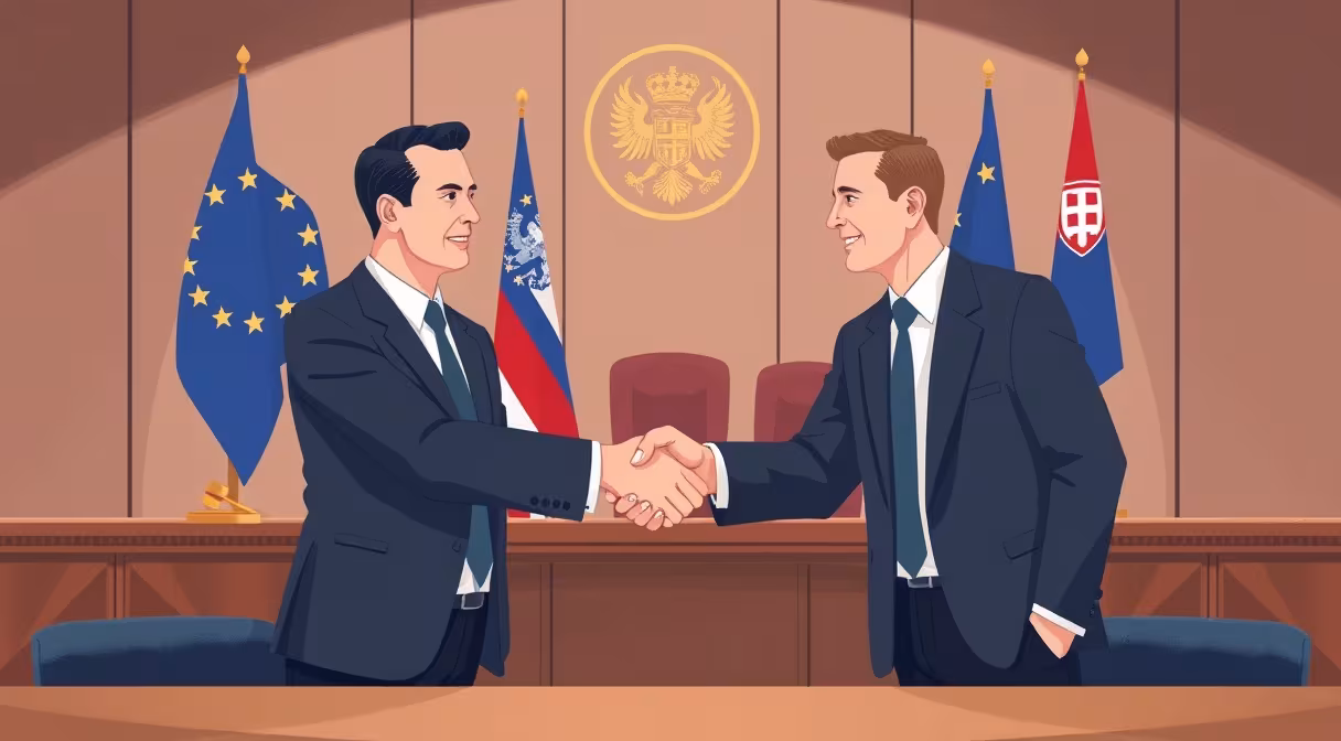 Dvaja muži v oblekoch si podávajú ruky v súdnej sieni s vlajkami EÚ a SR