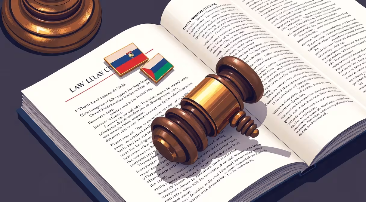 Gáfrová kladivo na otvorenej právnickej knihe s dvomi vlajočkami, symbolizuje právny článok o slovenskom podujatí v Miláne.