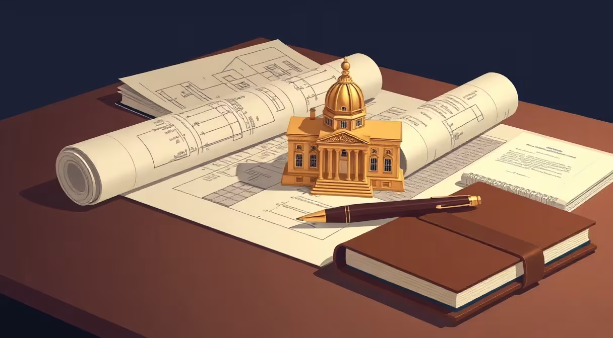 Ilustrácia k právnemu článku: drevený stôl s architektonickým plánom, modelom súdu a perom – symboly investičného prostredia na Slovensku.