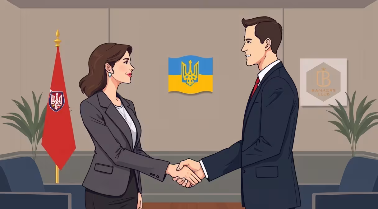 Právnička Helen Vishnyaková podáva ruku slovenskému veľvyslancovi na podujatí s bankármi.