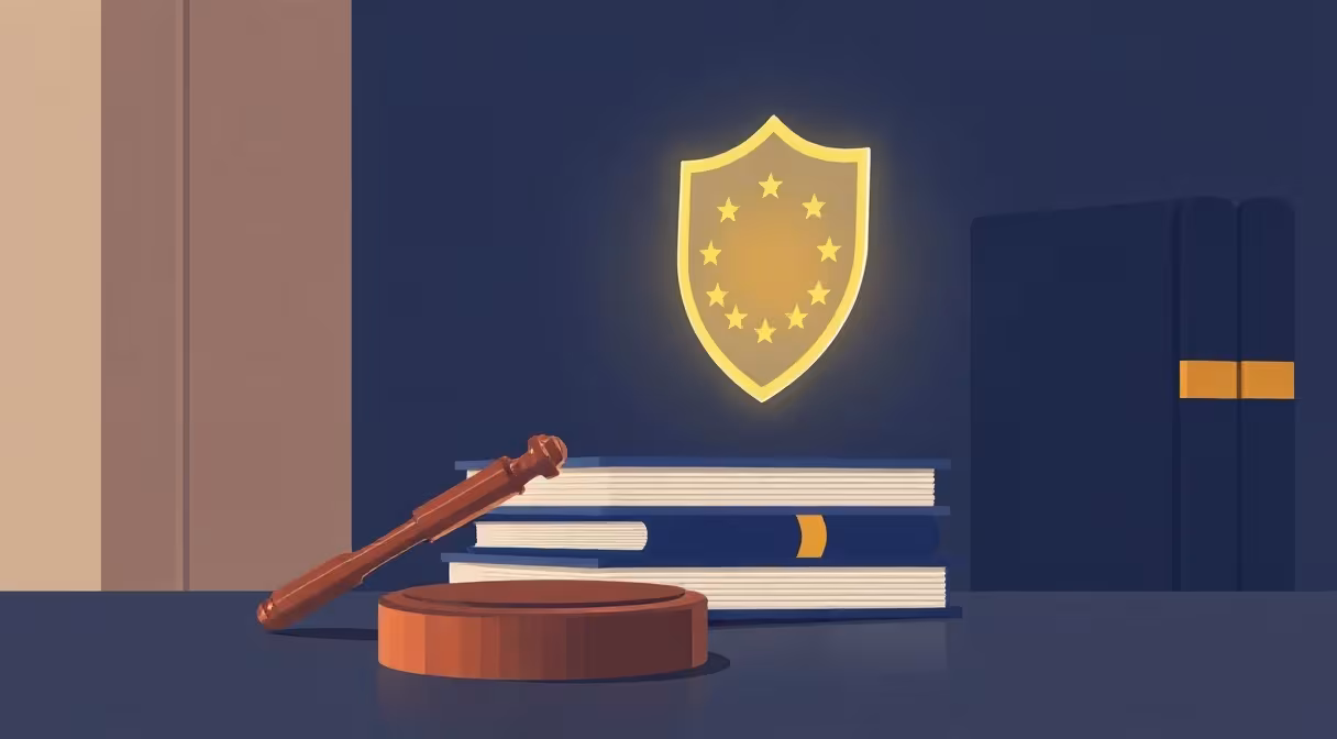 Kladivo na dokumentoch EÚ s digitálnym štítom symbolizujúcim kybernetickú odolnosť podľa nariadenia DORA.
