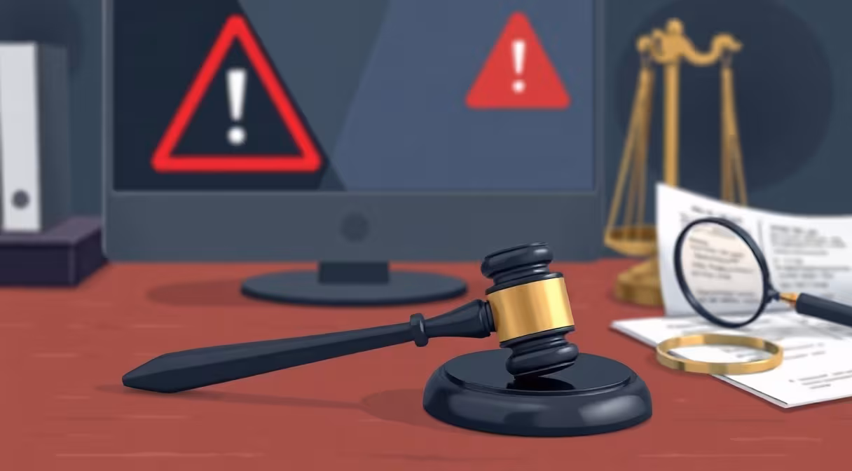 Súdne kladivo a počítačový monitor s výstražnou ikonou pri dokumentoch o incidentoch IKT.