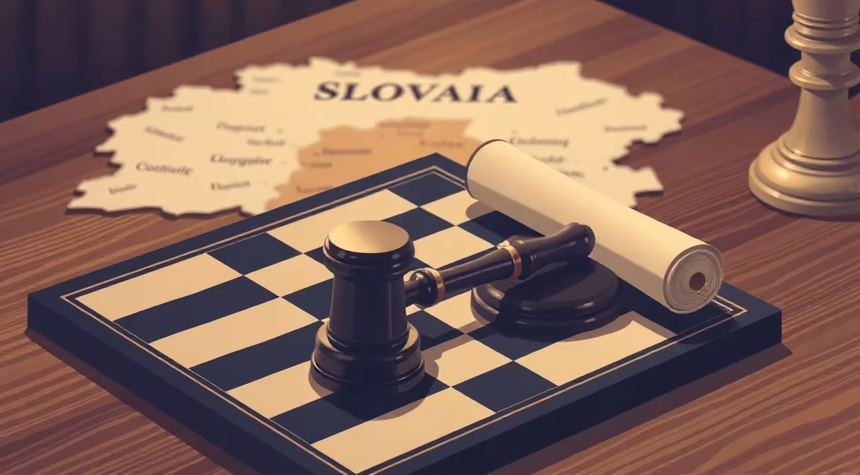 Drevený stôl s gáfom na šachovnici a zvitkom, v pozadí rozmazaná mapa Slovenska, ilustrácia k právnemu sprievodcovi