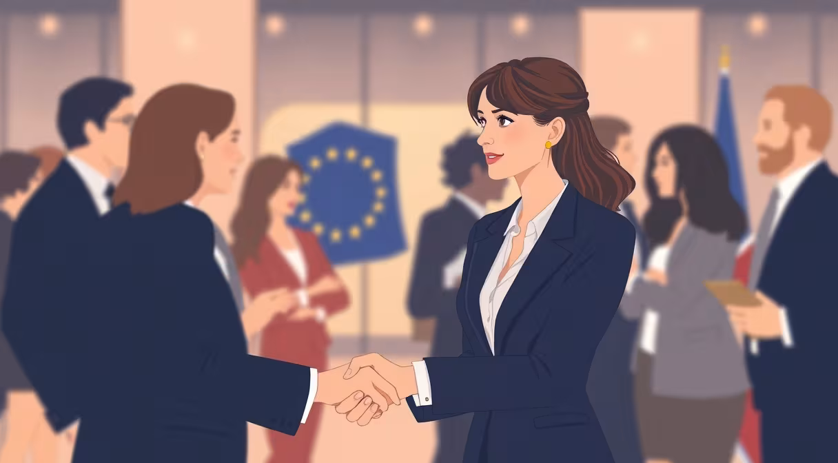 Podnikateľka v obleku podáva ruku partnerovi na konferencii s vlajkou EÚ v pozadí