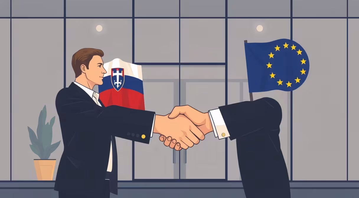 Dvaja právnici si podávajú ruky pred modernou kancelárskou budovou so slovenskou a európskou vlajkou.