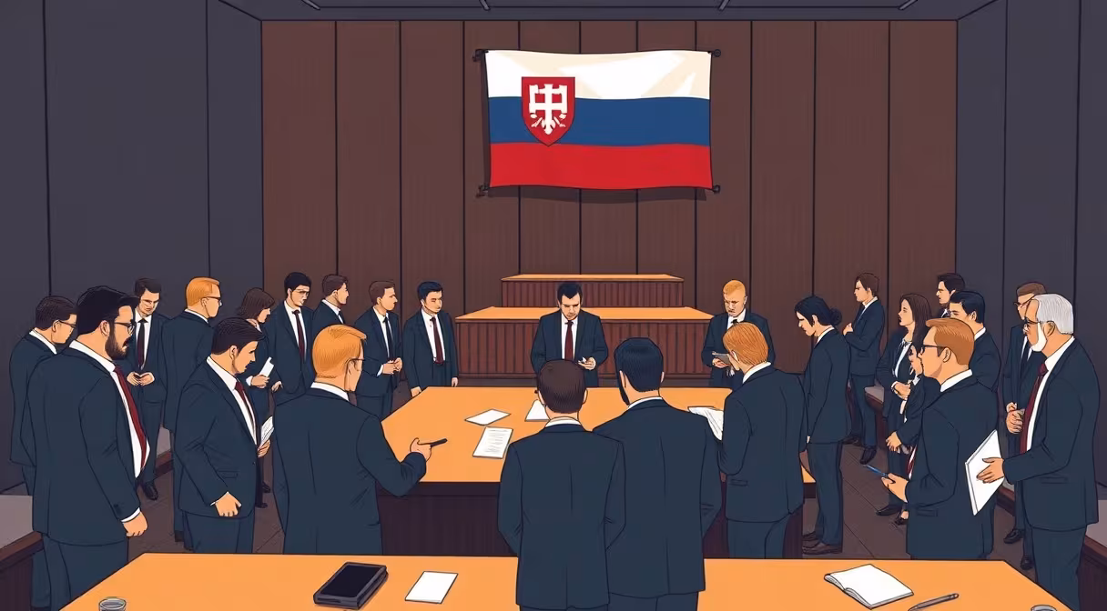 Miestnosť plná právnikov v oblekoch diskutujúcich okolo stola v súdnej sieni so slovenskou vlajkou na stene.
