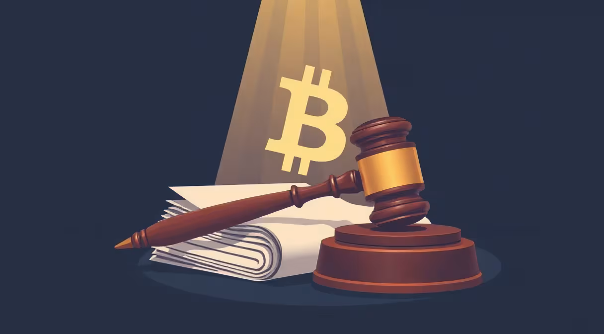 Gavel kladivo na právnych dokumentoch s digitálnym symbolom bitcoinu v úzadí, ilustrácia k regulácii MiCA.
