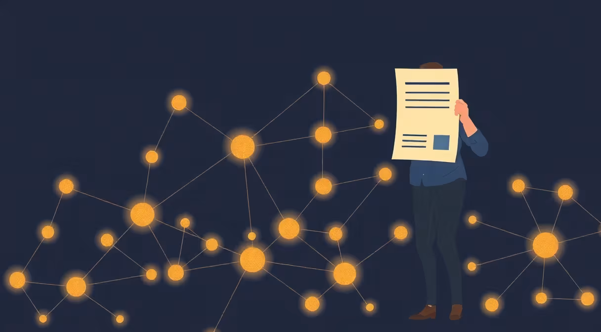 Držiaci dokument podobný bielemu dokladu vedľa vizualizácie blockchainu so svietiacimi uzlami.