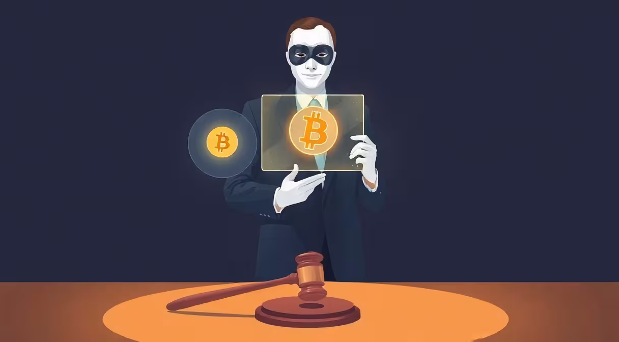Muž v obleku drží zariadenie s bitcoinom, sudcovské kladivo v popredí symbolizuje povinnosti poskytovateľov kryptoaktív.