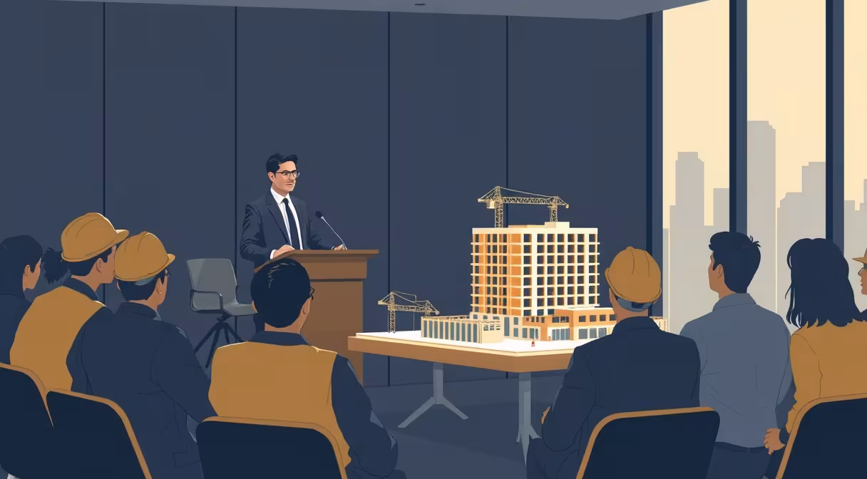 Právnik vysvetľuje stavebné povolenia v biznis centre, pri modeli budovy.