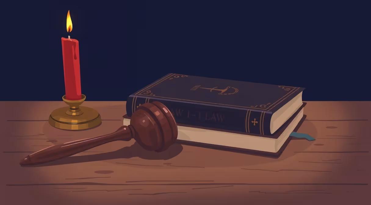 Súdne kladivo na stole vedľa knihy a horiacej sviece v pozadí