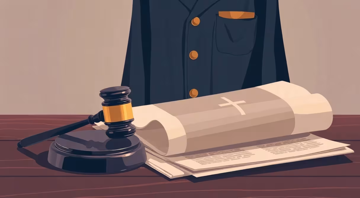 Kladivo a prekrížené noviny so symbolom kríža na stole, v pozadí advokátsky plášť.